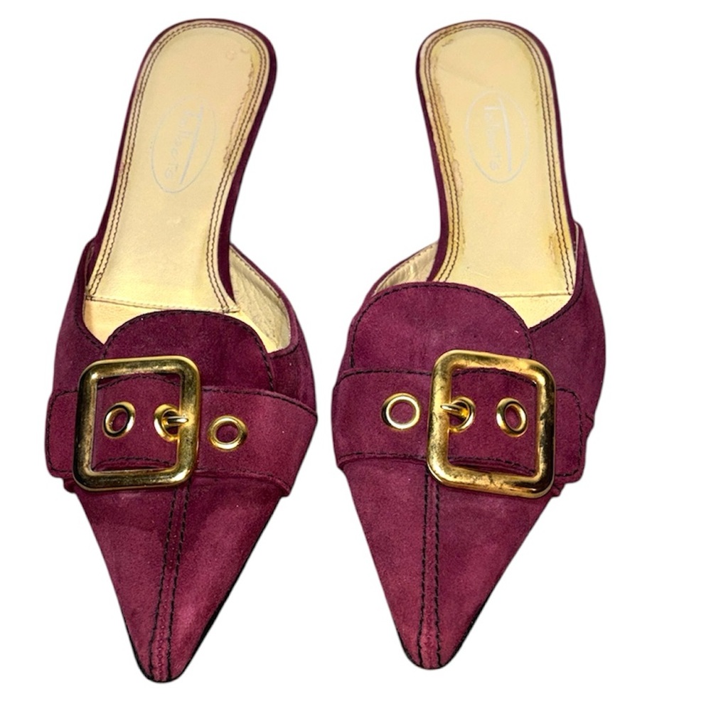 Women's Pointed Mule Slides with Gold Buckle - Burgundy in size 6.5M AS IS